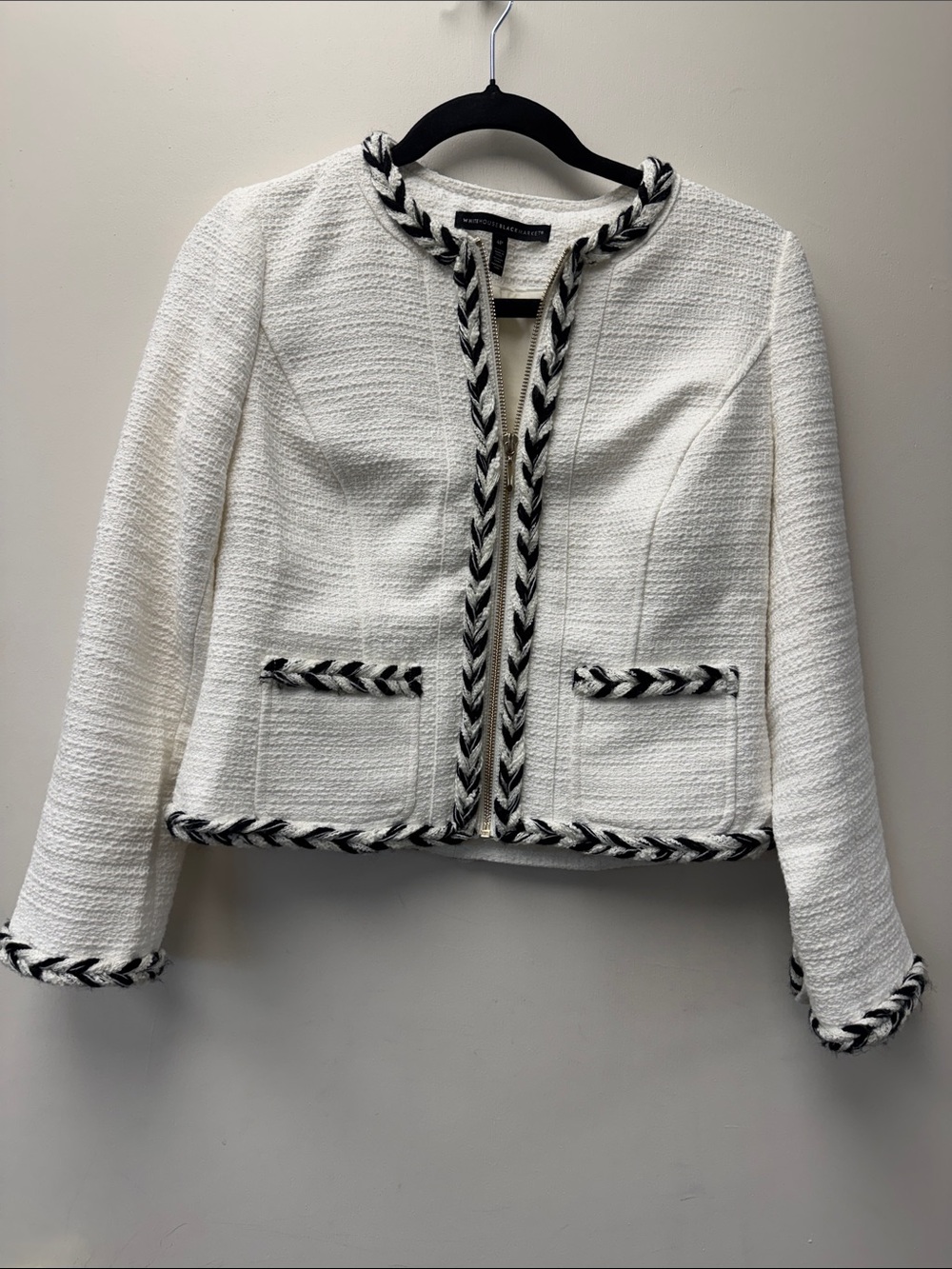 White House Black Market White Tweed Cropped Jacket with Black Braid Trim